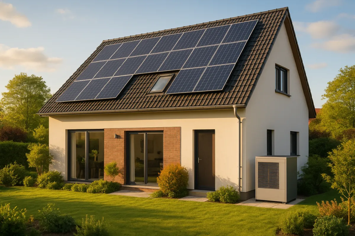 Modernes Haus mit Solarpanelen und Waermepumpe in Wuerzburg