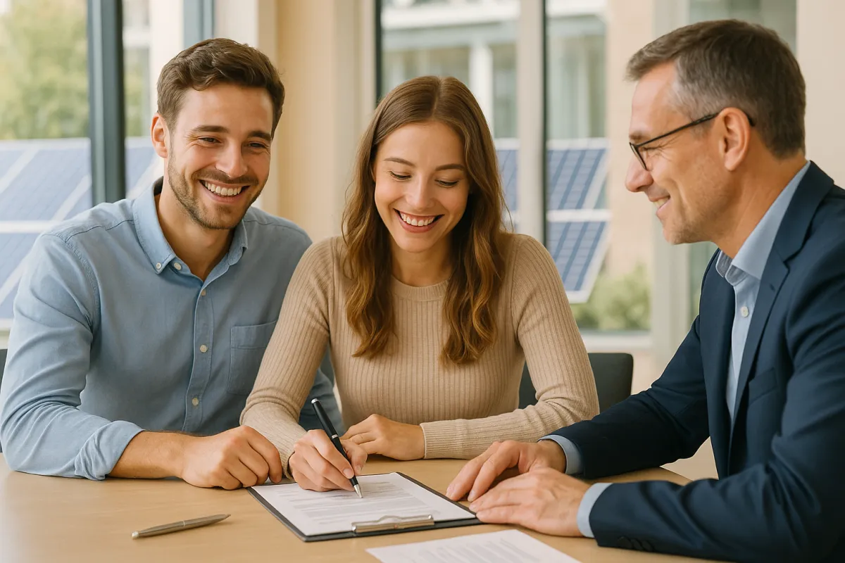 Junges Paar unterzeichnet Solarfinanzierungsvertrag mit Berater