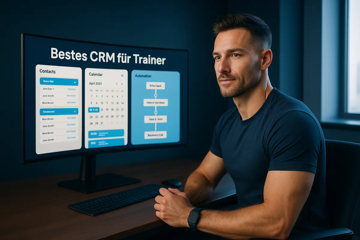 Bestes CRM für Trainer 2026 – Trainer am Schreibtisch mit CRM-Dashboard im modernen Büro