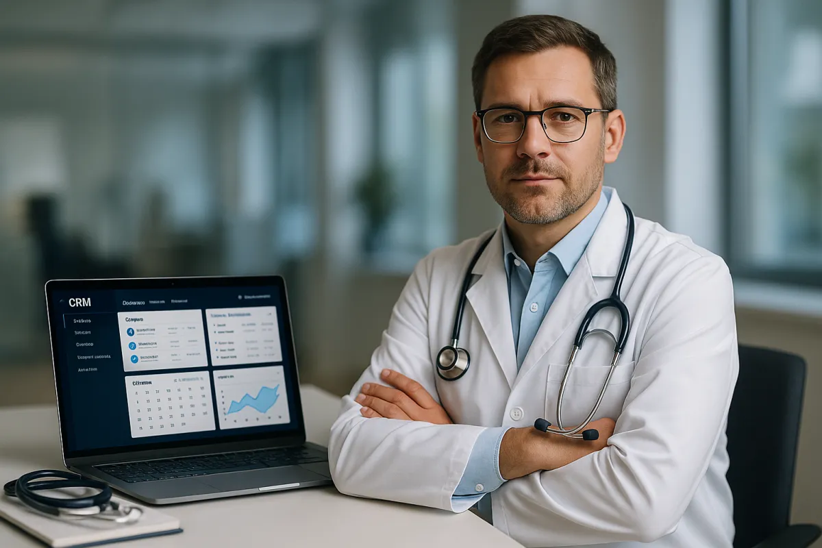 Bestes CRM für Ärzte 2026 – Arzt mit verschränkten Armen vor Laptop mit CRM-Dashboard im modernen Büro