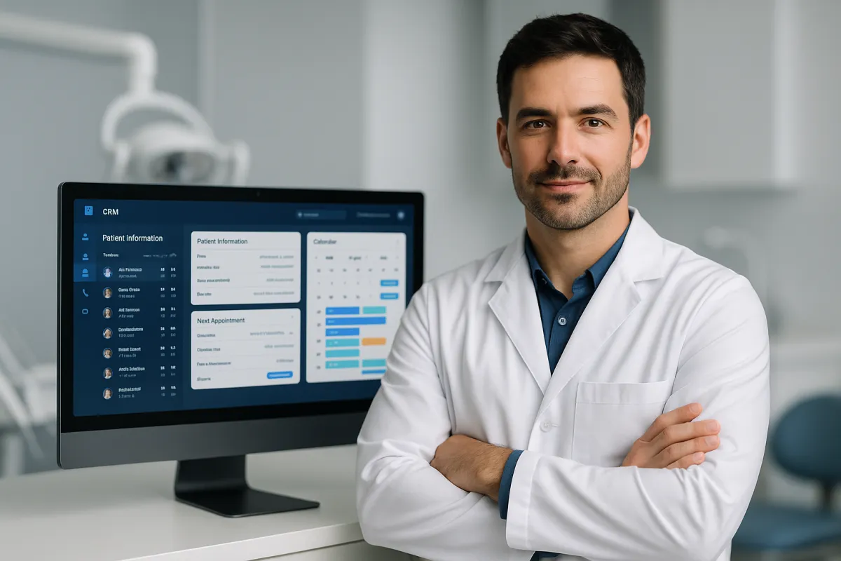 Bestes CRM für Zahnärzte 2026 – Zahnarzt mit verschränkten Armen vor CRM-Dashboard im modernen Büro