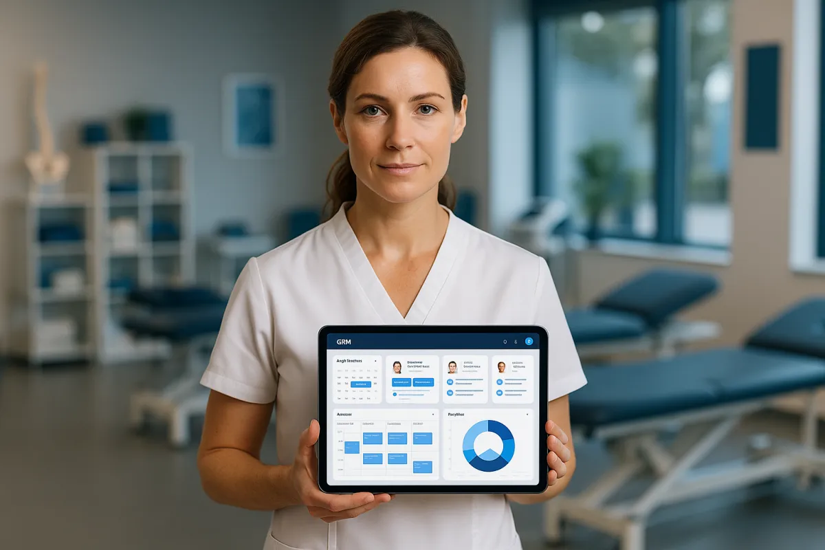 Physiotherapeutin blickt direkt in die Kamera mit Tablet und CRM-Dashboard in moderner Praxis