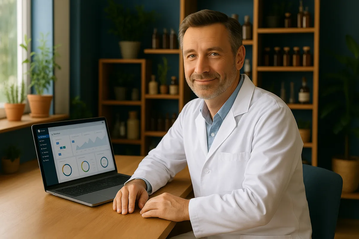 Heilpraktiker im weißen Kittel sitzt am Laptop in der Praxis mit CRM-Dashboard