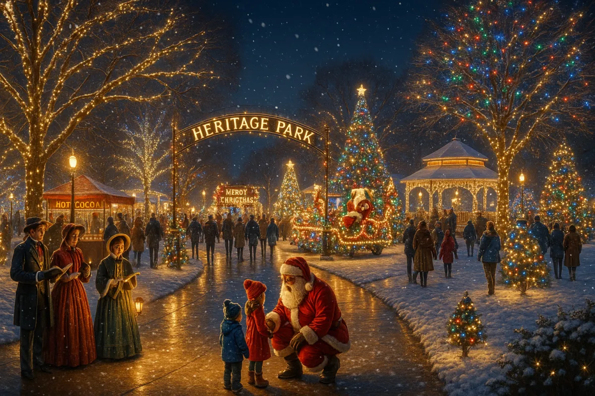 Holiday in the Park Christmas winter wonderland at Heritage Park Weatherford Texas with lights and parade