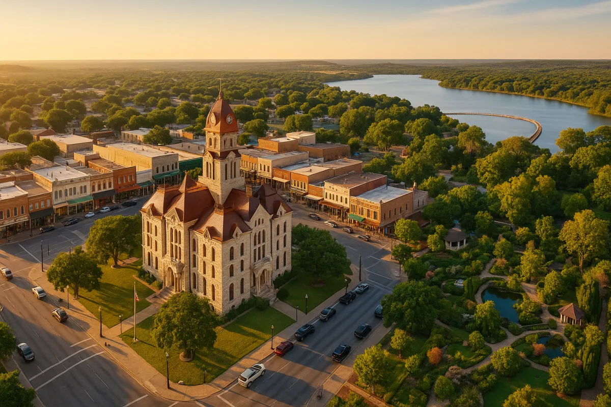 Panoramic view of historic downtown Weatherford Texas with courthouse Chandor Gardens and Lake Weatherford