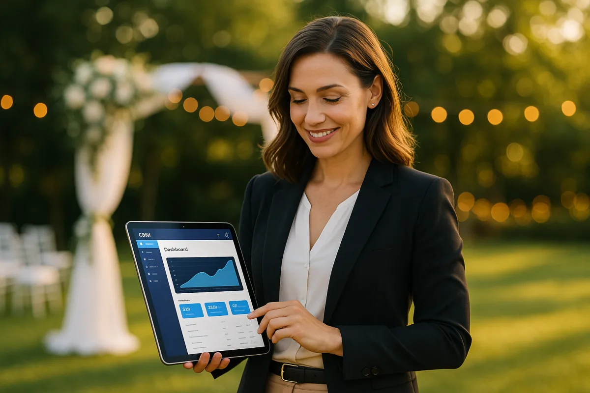 Hochzeitsplanerin steht mit Tablet in der Hand auf einer grünen Hochzeitslocation – bestes CRM für Hochzeitsplaner 2026