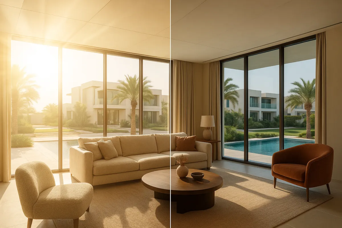 Before and after comparison of Global Window Film installation in UAE home