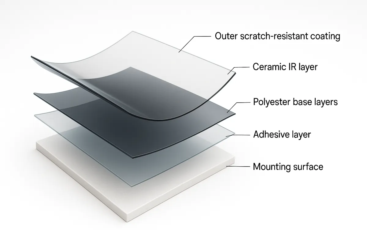 Multi-layer construction cross-section of Global safety and security window film
