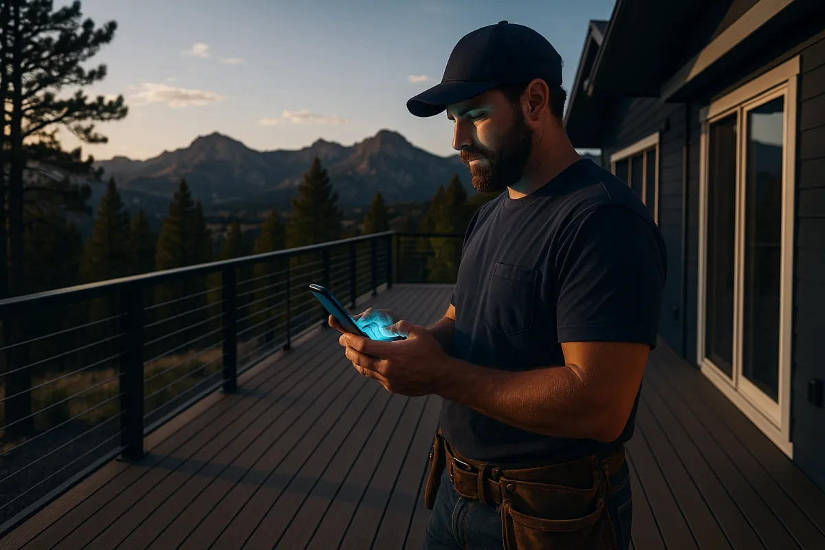 Colorado deck builder reviewing AI lead notifications on smartphone with Rocky Mountain backdrop