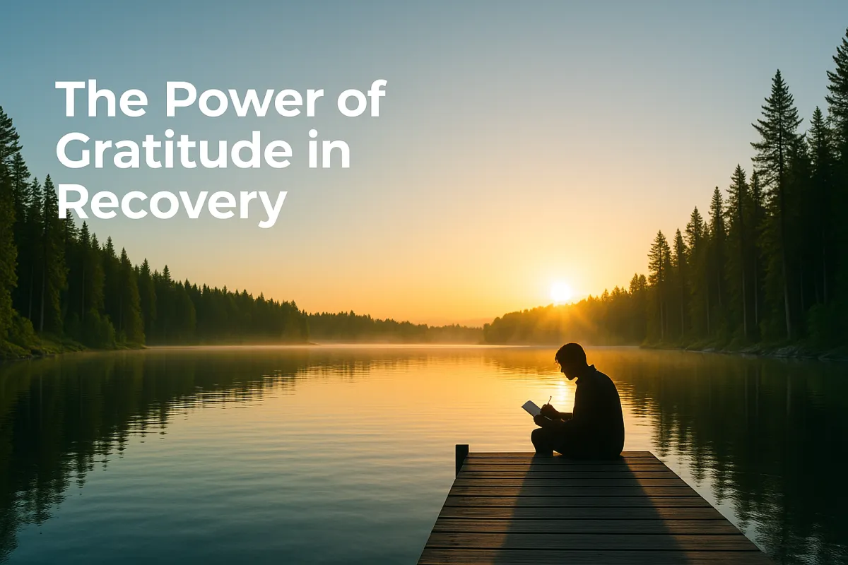 Person in quiet reflection at sunrise on a lake dock - The Power of Gratitude in Recovery