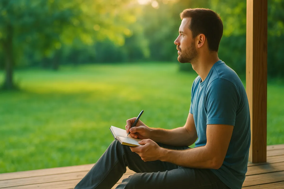 Man journaling on a porch at golden hour - life lessons from sober living