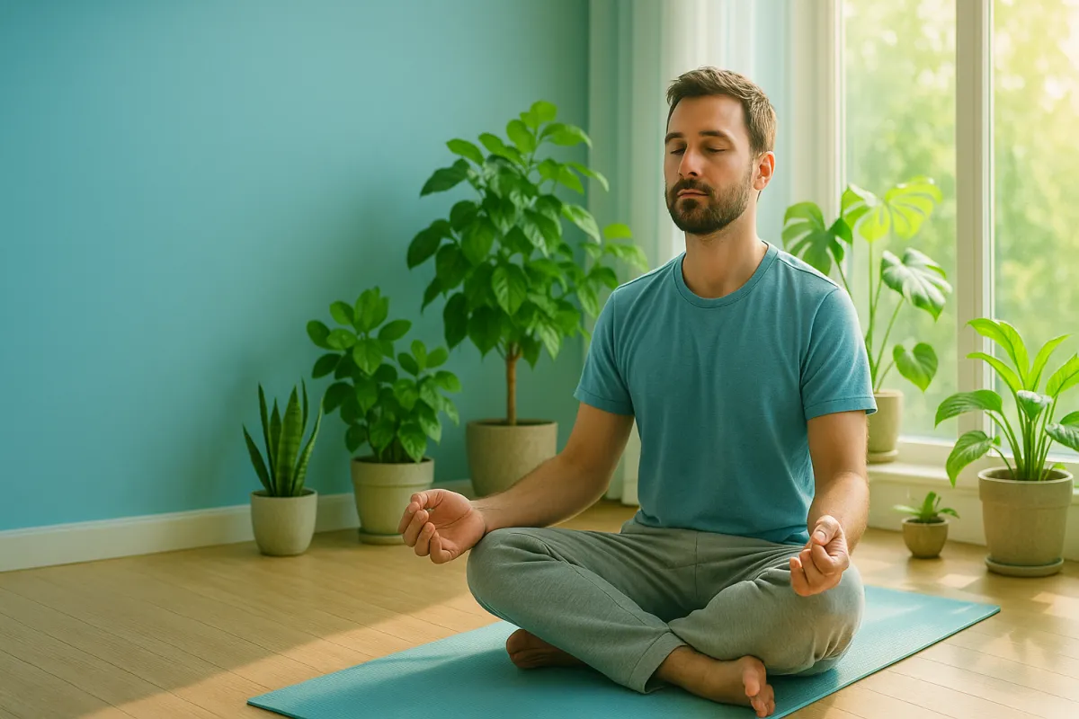 Man meditating by a sunlit window surrounded by green plants - mindfulness in sober living
