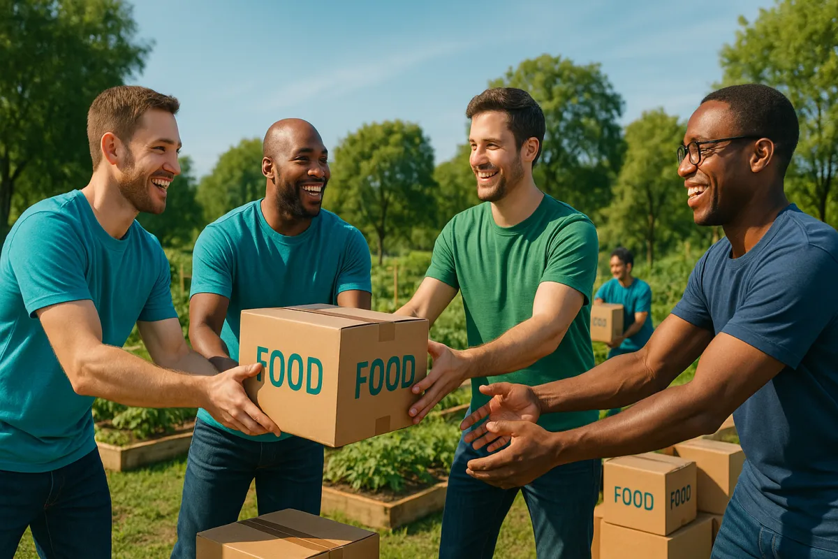 Group of men volunteering together at a community food bank - healing through service