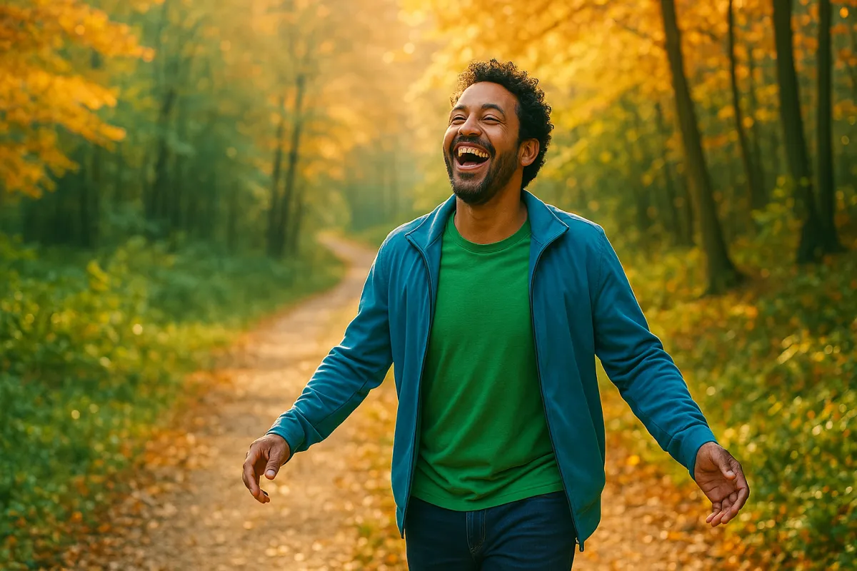 Man laughing joyfully on a forest trail in autumn - rediscovering joy in sobriety