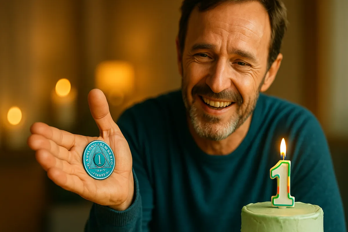 Man holding a sobriety chip with a celebration cake - celebrating sobriety milestones