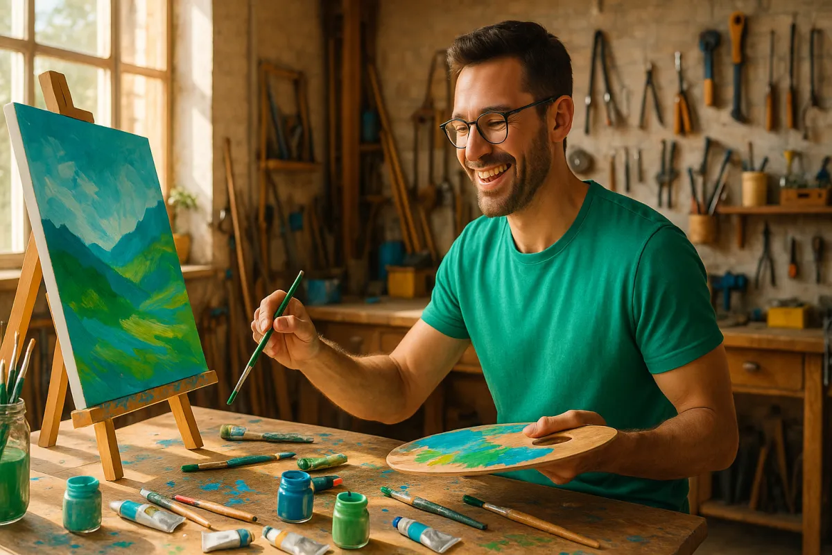 Man painting joyfully in a bright workshop - finding hobbies after addiction