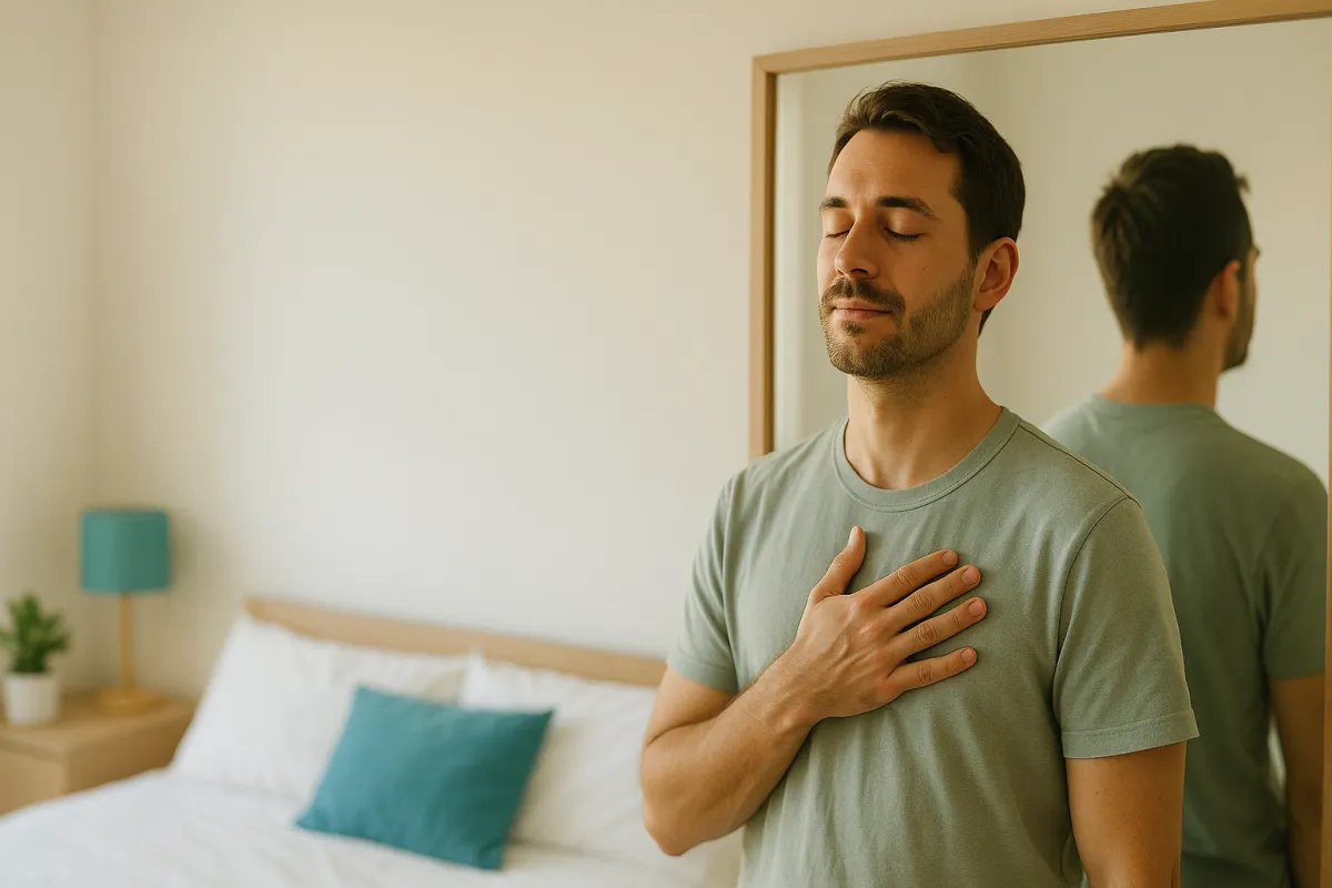 Man with hand on heart in peaceful self-reflection - learning to love yourself in recovery