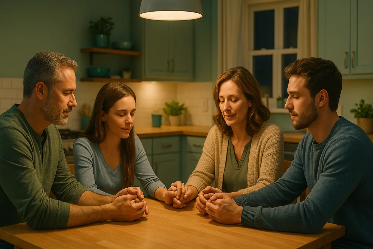 Family gathered at a kitchen table in a supportive embrace - family support in sober living