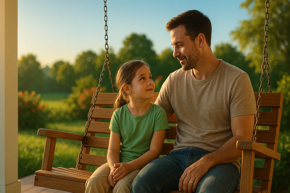 Father and child on a porch swing having an honest conversation - talking to kids about recovery