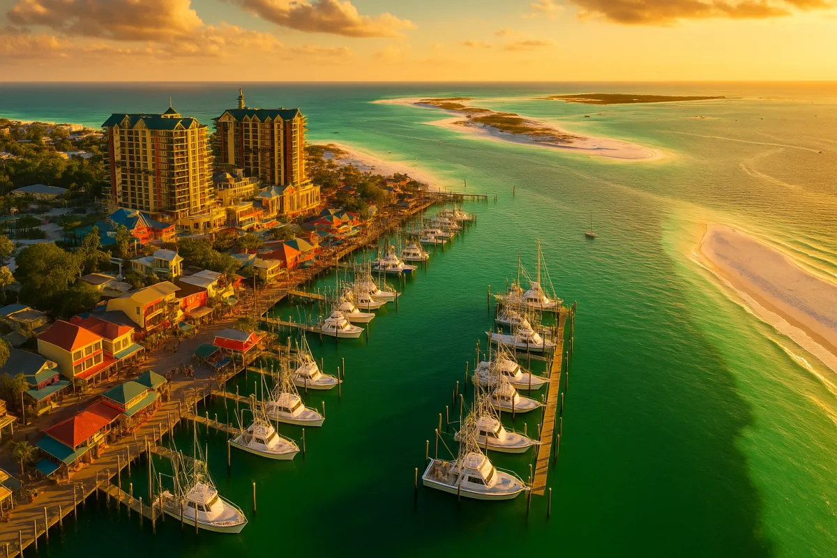 Aerial view of Destin Harbor Florida with emerald green Gulf water and white sand beaches — the World's Luckiest Fishing Village