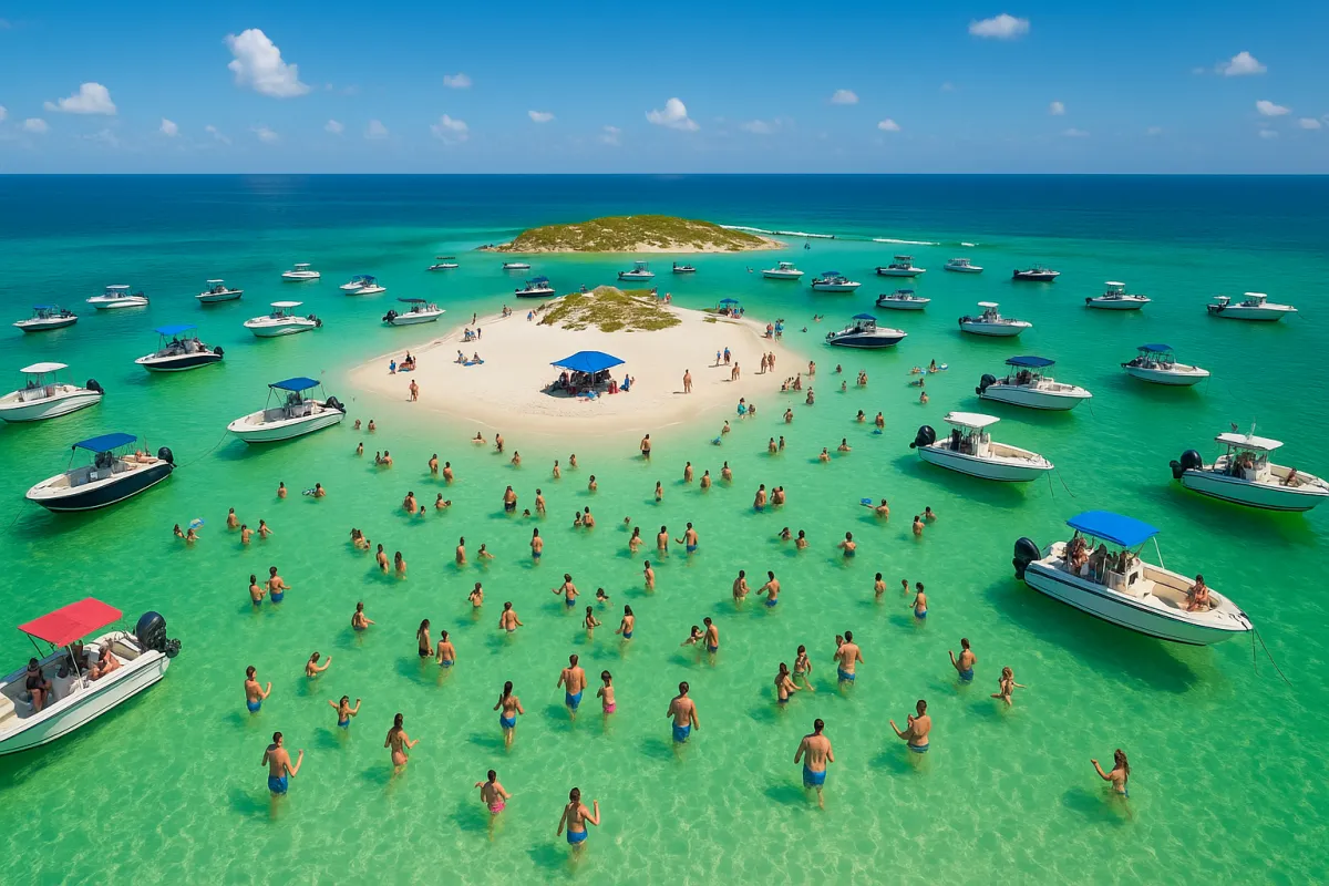 Crab Island Destin Florida iconic floating sandbar with boats and people enjoying crystal clear emerald Gulf waters