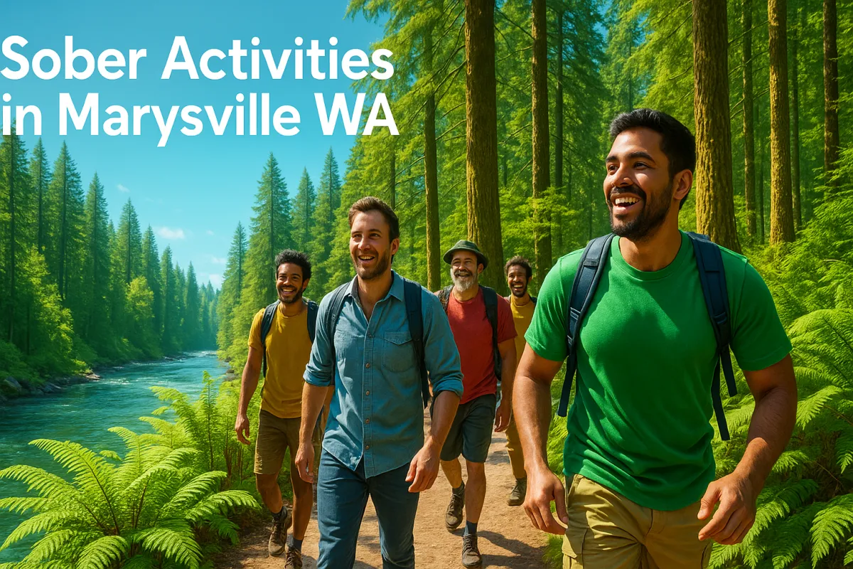 Group of men hiking in lush Pacific Northwest forest near Marysville - sober activities