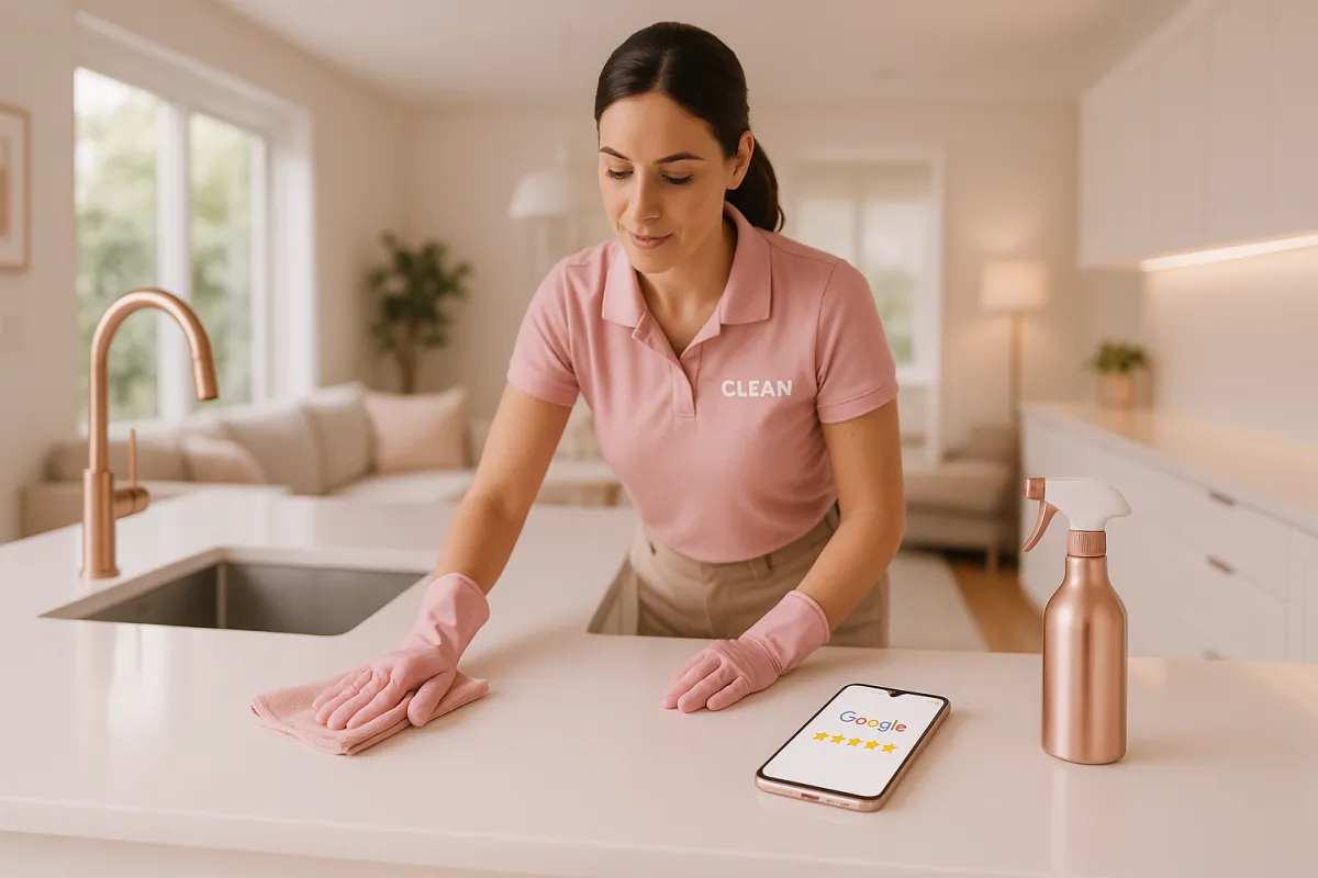 Professional house cleaner in branded uniform cleaning bright modern home interior with Google review on smartphone
