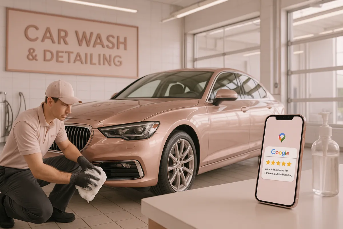 Modern car wash facility with uniformed team member detailing luxury car and Google review on smartphone