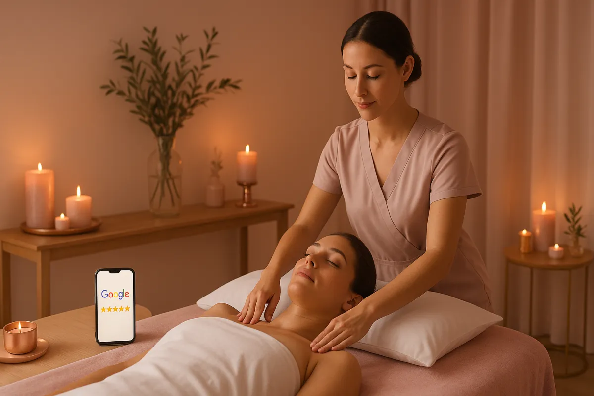 Massage therapist performing treatment in serene spa room with Google review notification on smartphone