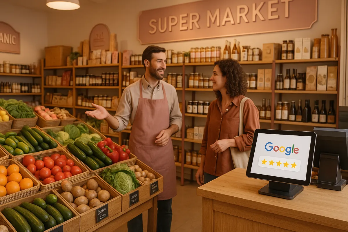 Independent specialty grocery store with fresh produce displays and staff helping customer with Google review on tablet