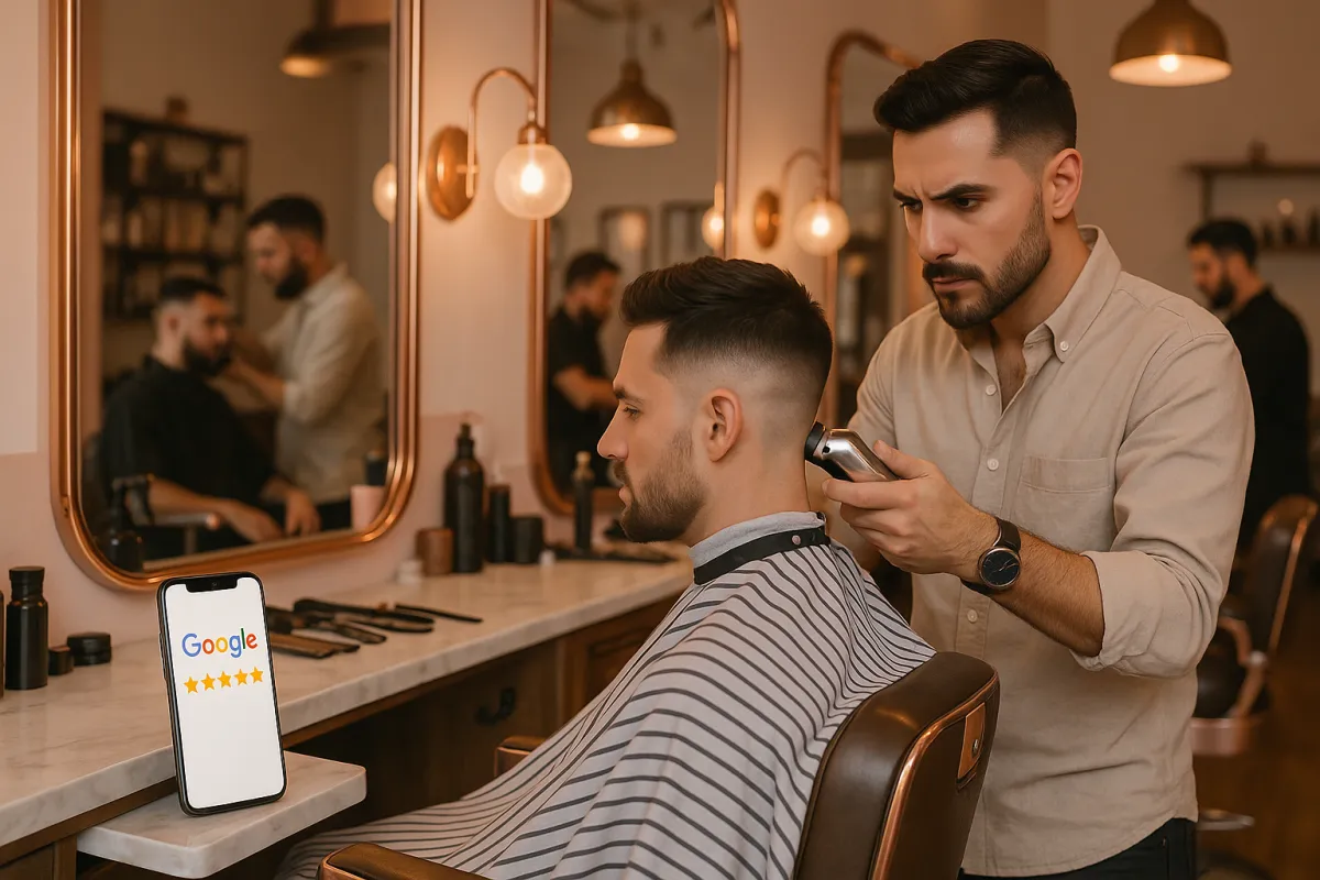 Modern barbershop with skilled barber giving client a precise fade and Google review on smartphone
