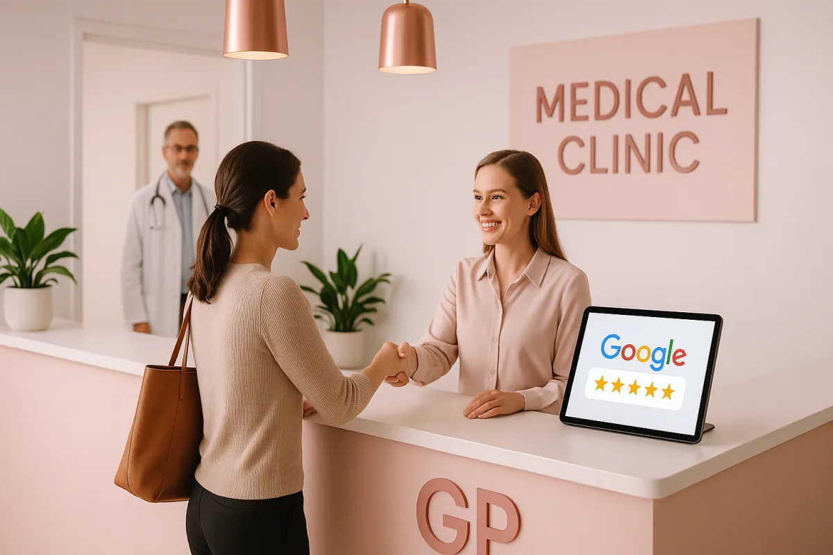 Medical clinic reception with receptionist and patient and Google review notification on tablet