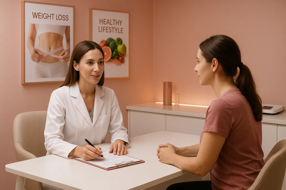 Modern weight loss clinic consultation room with rose gold accents