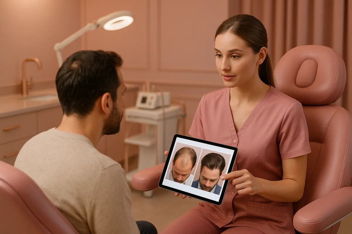 Premium hair transplant clinic consultation room with rose gold lighting