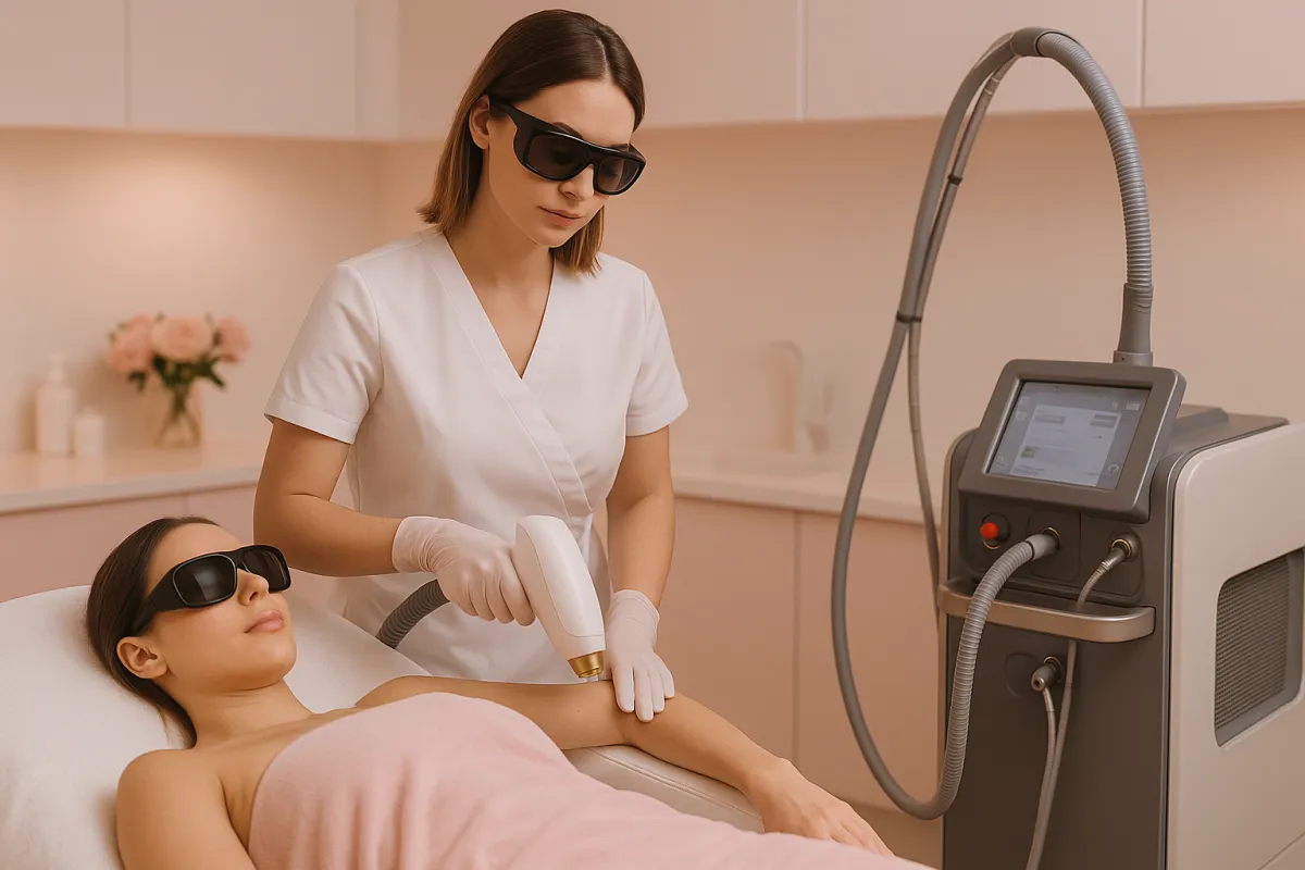 High-end laser hair removal clinic treatment room with rose-toned lighting