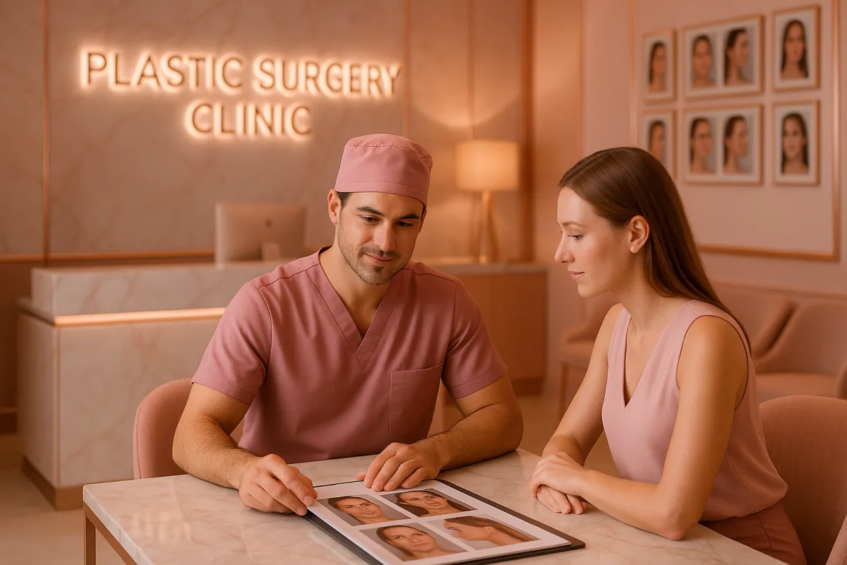 Luxury plastic surgery clinic reception area with rose gold accents and marble interior
