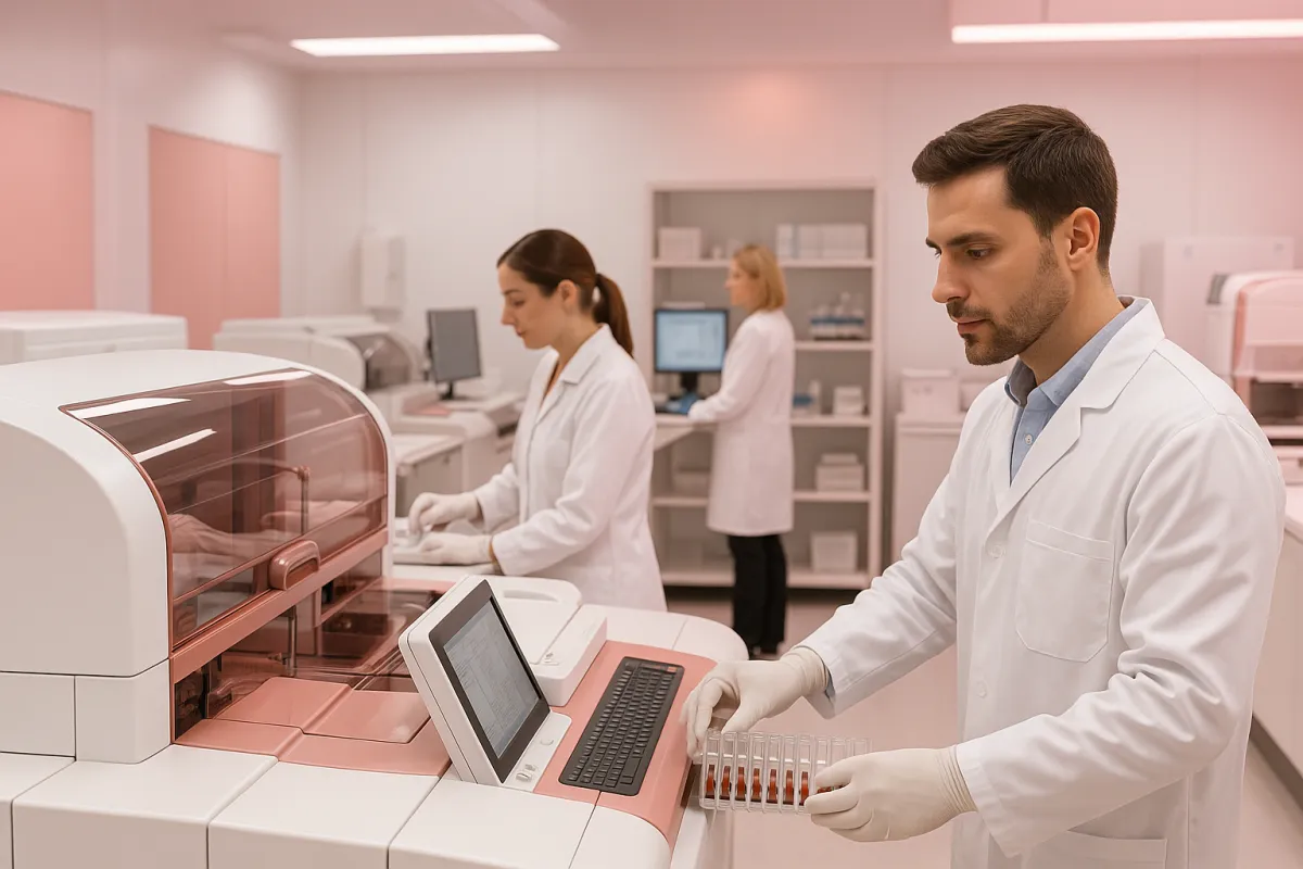 Modern diagnostic center laboratory with rose-toned lighting and advanced medical equipment