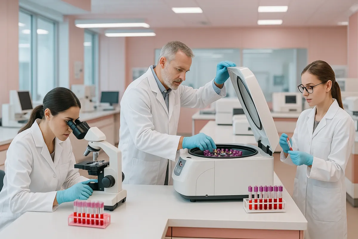 Modern medical laboratory with technicians analyzing samples and rose-toned accents