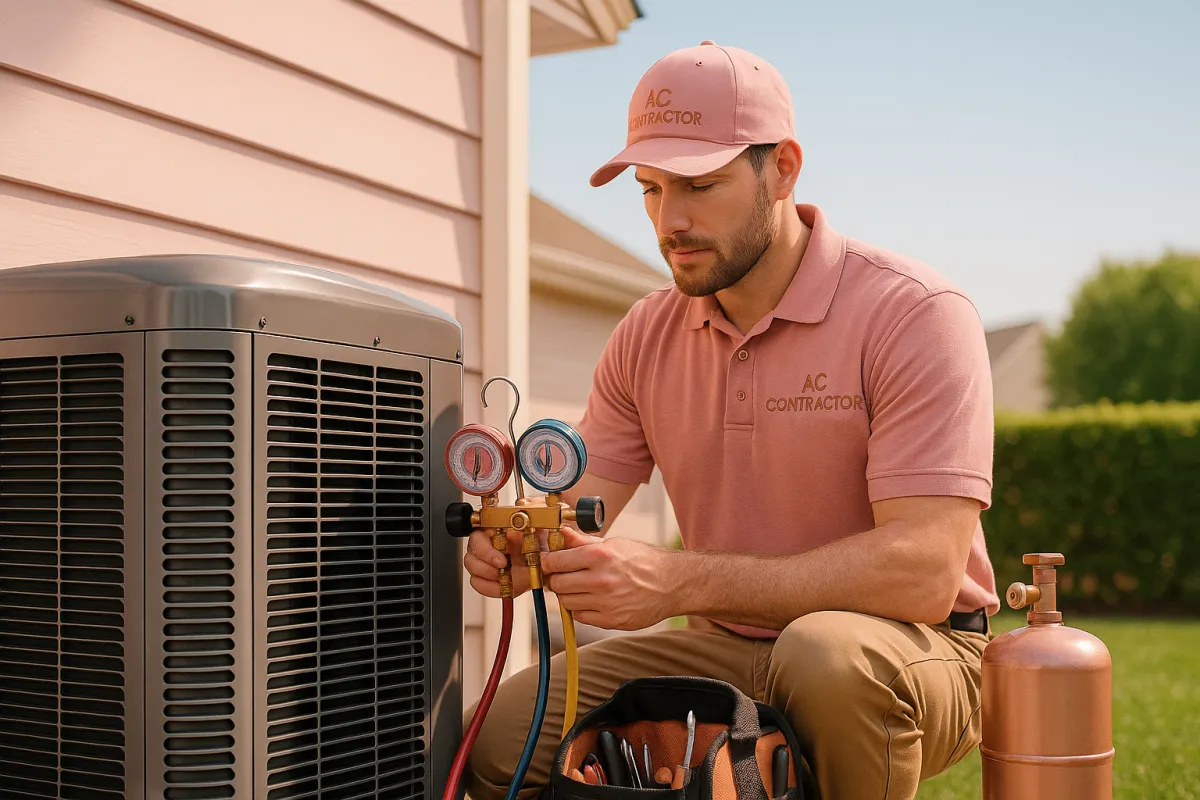Professional AC contractor technician servicing an outdoor air conditioning unit