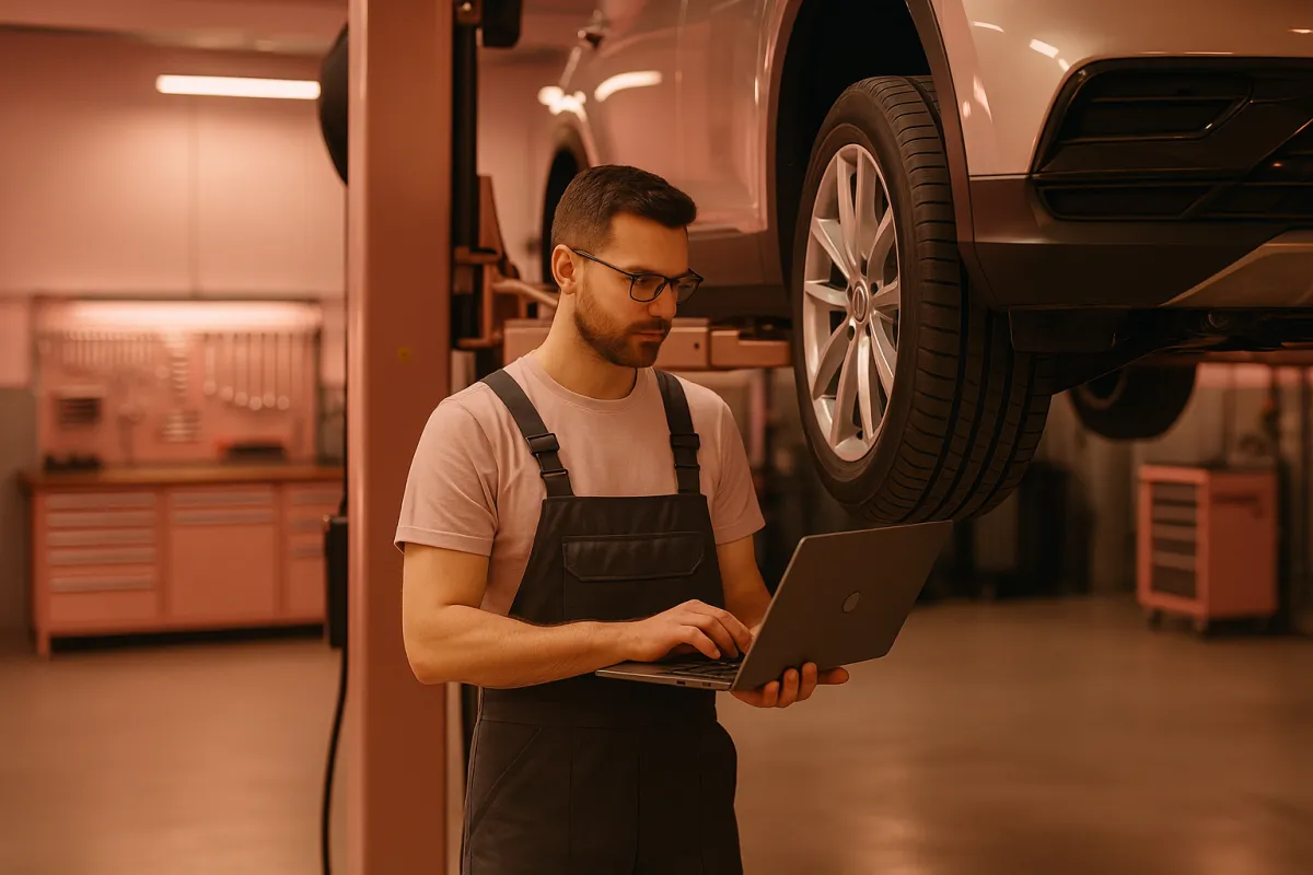 Professional mechanic working on a lifted vehicle in a modern clean car repair shop