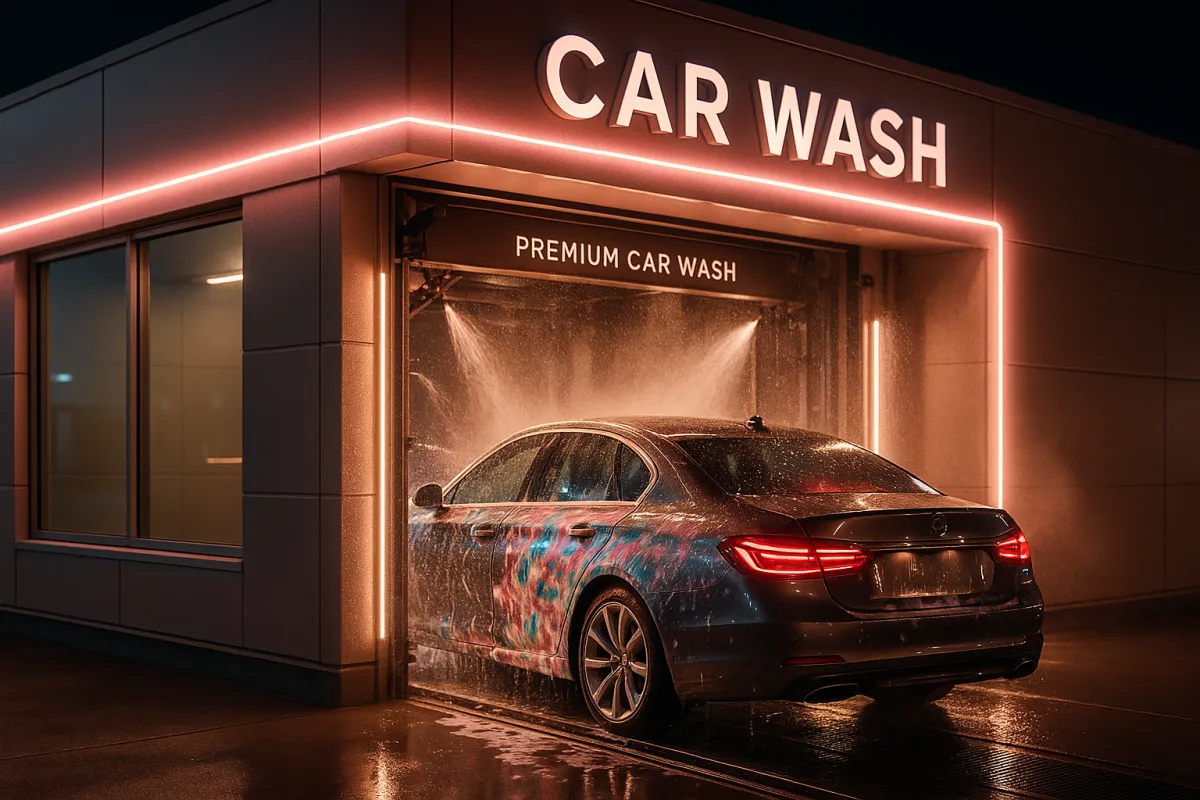 Premium car wash facility with a luxury sedan moving through automated wash tunnel and rose-toned neon lighting