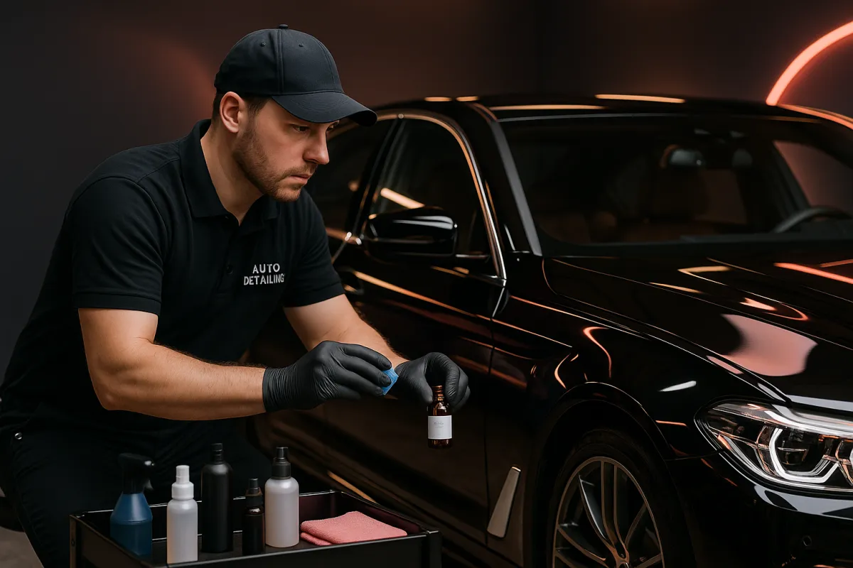 Professional auto detailer applying ceramic coating to a luxury car in a premium detailing studio