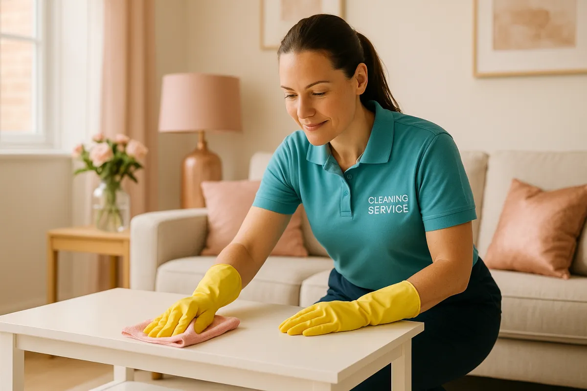 Professional house cleaner in branded uniform cleaning a bright modern living room