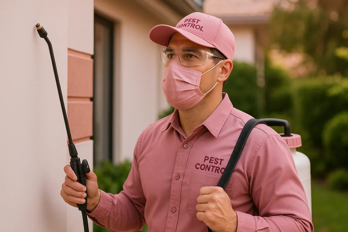 Professional pest control technician in branded uniform inspecting a modern home exterior