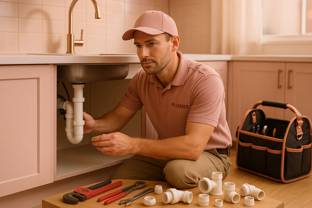 Professional plumber in branded uniform working under a modern kitchen sink with tools