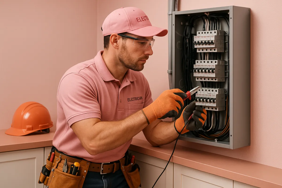 Licensed electrician in branded uniform working on a modern electrical panel with professional tools
