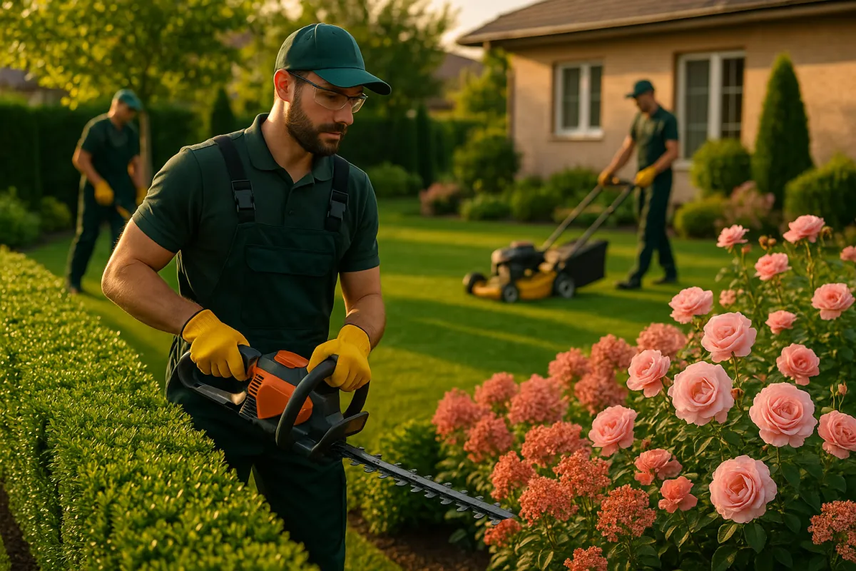 Professional landscaping team maintaining a beautifully designed residential garden with rose-toned blooms