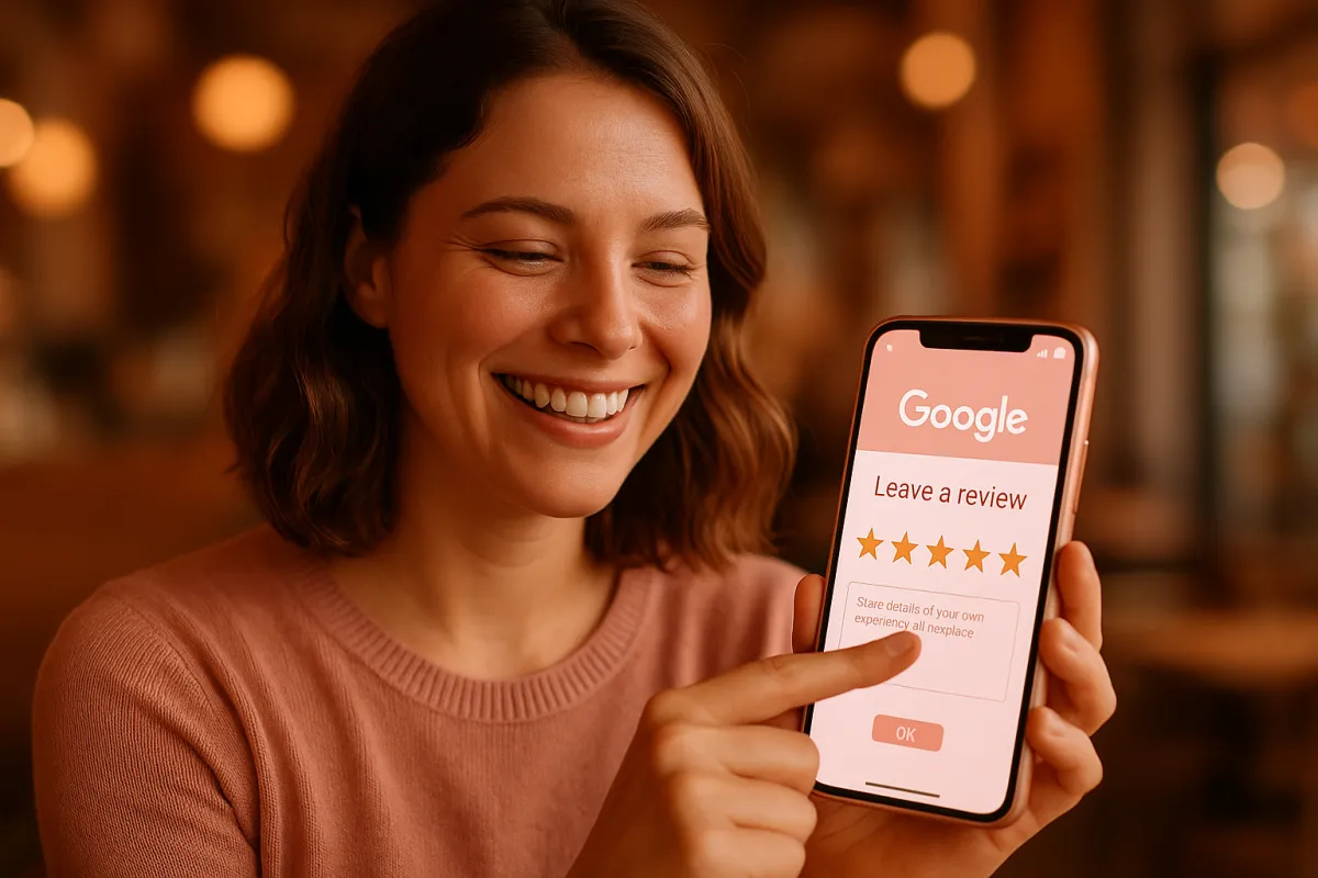 Happy customer tapping 5 stars on a Google review on their smartphone