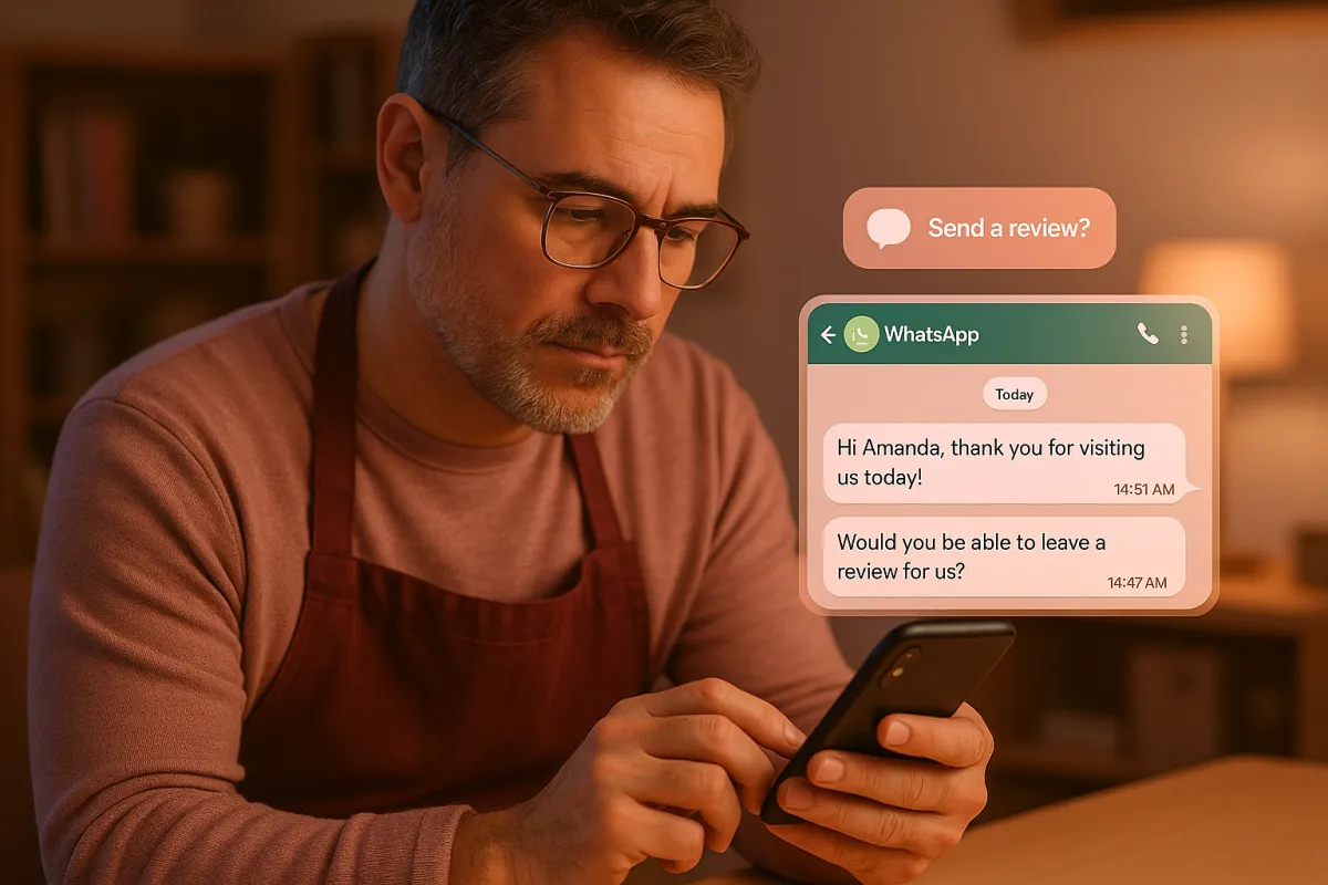 Local business owner crafting a personalized WhatsApp review request message on a smartphone