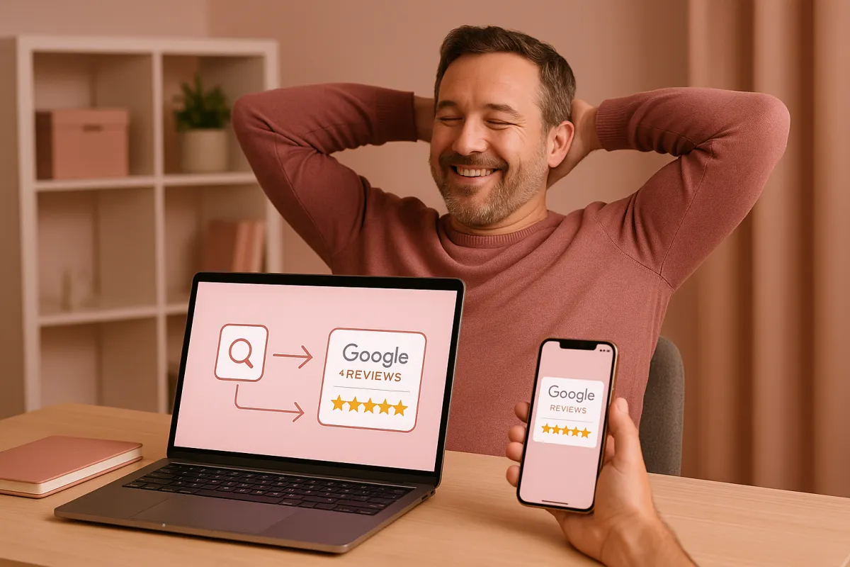 Business owner watching Google review notifications automatically appearing on laptop and phone screen